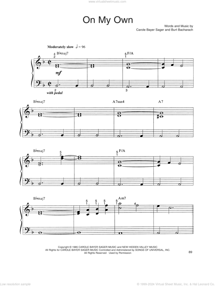 On My Own sheet music for piano solo by Patti LaBelle & Michael McDonald, Reba McEntire, Burt Bacharach and Carole Bayer Sager, easy skill level