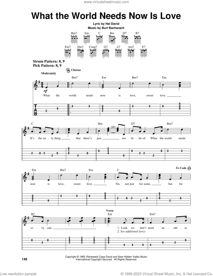 What The World Needs Now Is Love sheet music for guitar solo (easy tablature) by Bacharach & David, Jackie DeShannon, Burt Bacharach and Hal David, easy guitar (easy tablature)