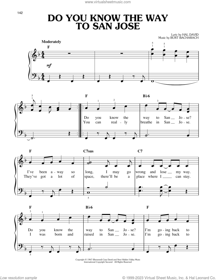 Do You Know The Way To San Jose sheet music for piano solo by Dionne Warwick, Burt Bacharach and Hal David, easy skill level