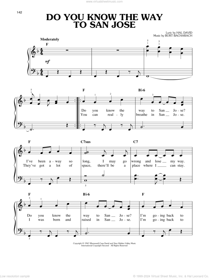 Do You Know The Way To San Jose sheet music for piano solo by Dionne Warwick, Burt Bacharach and Hal David, easy skill level