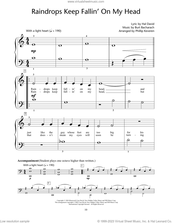 Raindrops Keep Fallin' On My Head (arr. Phillip Keveren) sheet music for piano solo (elementary) by Bacharach & David, Phillip Keveren, B.J. Thomas, Burt Bacharach and Hal David, beginner piano (elementary)