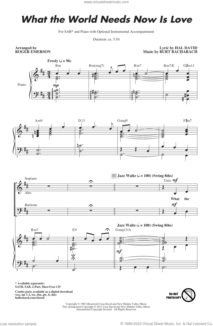 What The World Needs Now Is Love (arr. Roger Emerson) sheet music for choir (SAB: soprano, alto, bass) by Bacharach & David, Roger Emerson, Burt Bacharach and Hal David, intermediate skill level