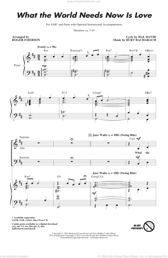 What The World Needs Now Is Love (arr. Roger Emerson) sheet music for choir (SAB: soprano, alto, bass) by Bacharach & David, Roger Emerson, Burt Bacharach and Hal David, intermediate skill level