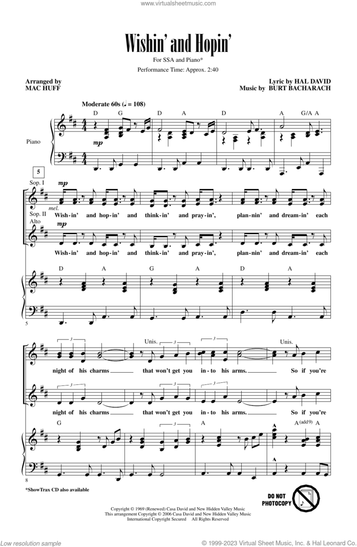 Wishin' And Hopin' (arr. Mac Huff) sheet music for choir (SSA: soprano, alto) by Dusty Springfield, Mac Huff, Burt Bacharach and Hal David, intermediate skill level