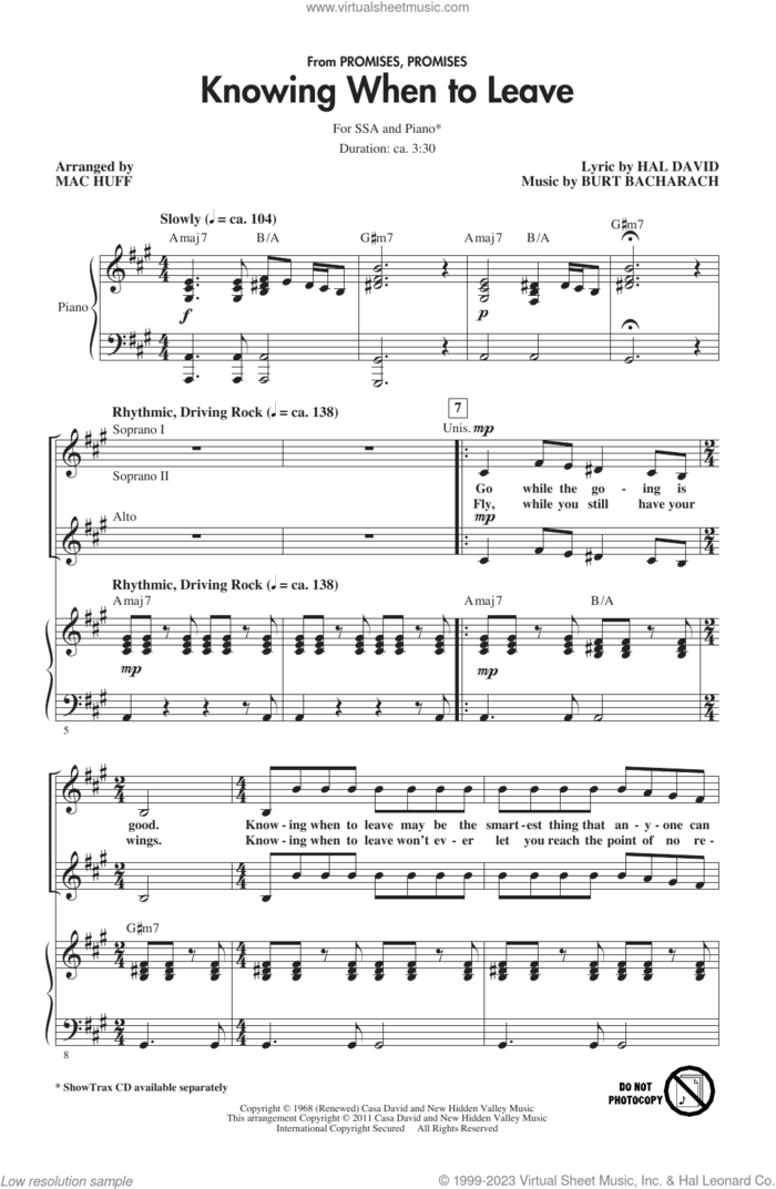 Knowing When To Leave (from Promises, Promises) (arr. Mac Huff) sheet music for choir (SSA: soprano, alto) by Bacharach & David, Mac Huff, Burt Bacharach and Hal David, intermediate skill level
