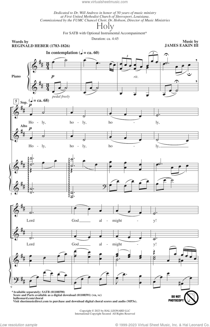 Holy sheet music for choir (SATB: soprano, alto, tenor, bass) by James Eakin III and Reginald Heber, intermediate skill level