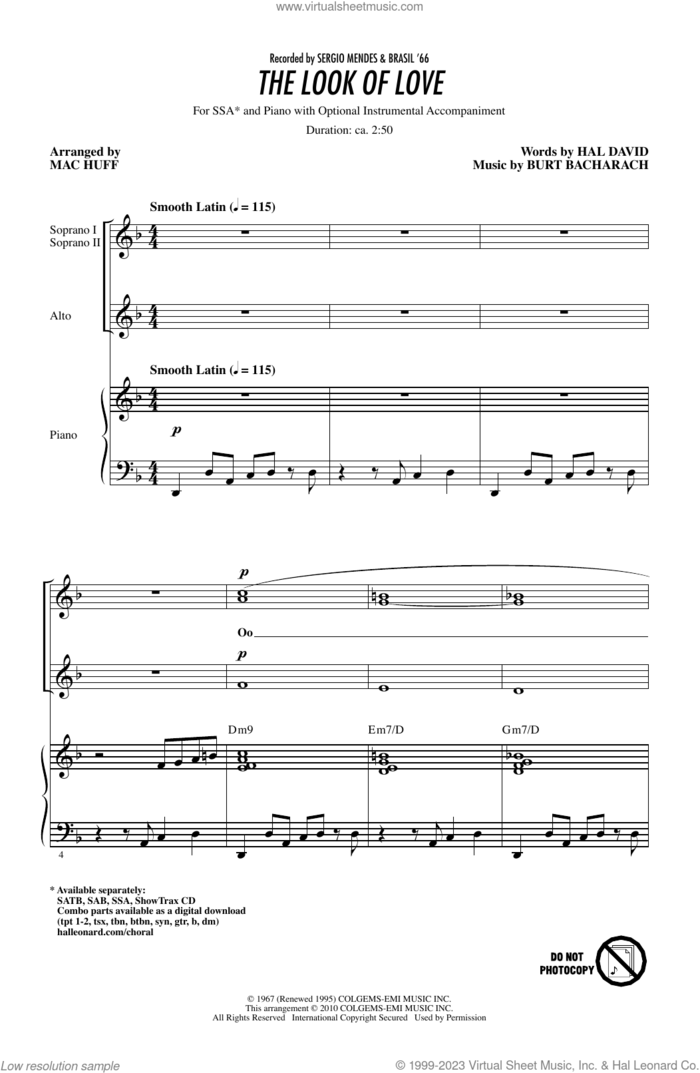 The Look Of Love (arr. Mac Huff) sheet music for choir (SSA: soprano, alto) by Sergio Mendes & Brasil '66, Mac Huff, Burt Bacharach and Hal David, intermediate skill level