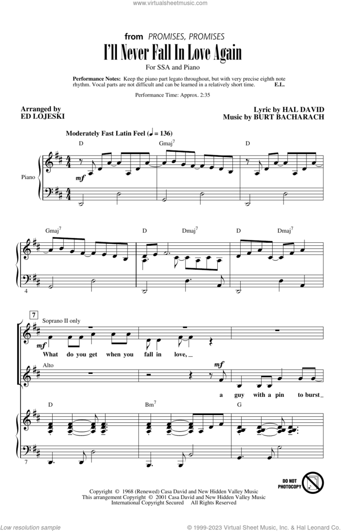 I'll Never Fall In Love Again (arr. Ed Lojeski) sheet music for choir (SSA: soprano, alto) by Dionne Warwick, Ed Lojeski, Burt Bacharach and Hal David, intermediate skill level