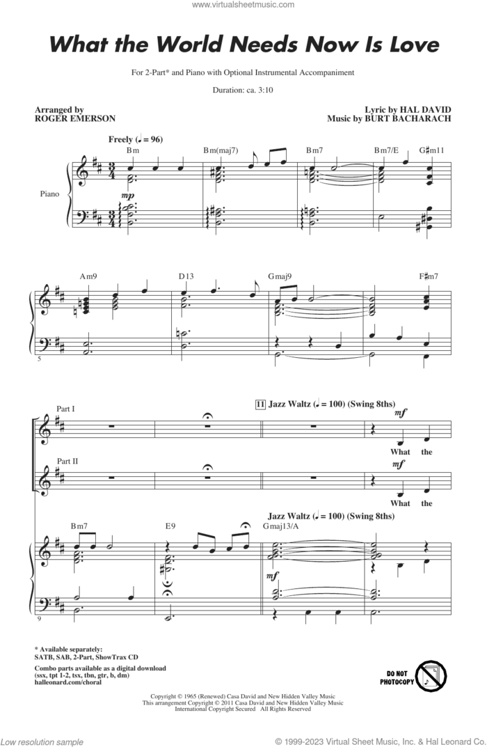 What The World Needs Now Is Love (arr. Roger Emerson) sheet music for choir (2-Part) by Bacharach & David, Roger Emerson, Burt Bacharach and Hal David, intermediate duet
