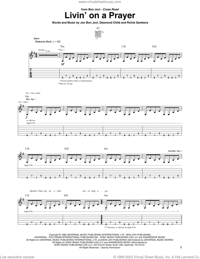 Livin' On A Prayer sheet music for guitar (tablature) by Bon Jovi, Desmond Child and Richie Sambora, intermediate skill level