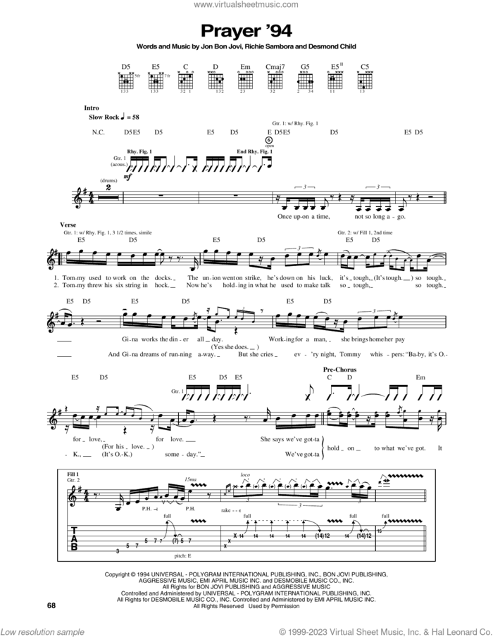Prayer '94 sheet music for guitar (tablature) by Bon Jovi, Desmond Child and Richie Sambora, intermediate skill level