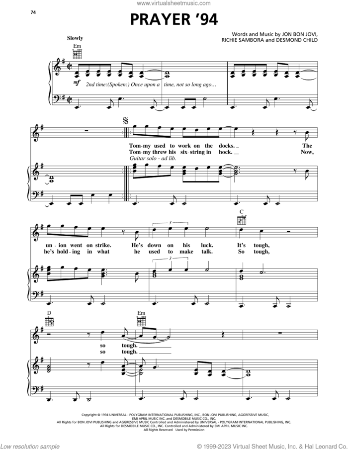 Prayer '94 sheet music for voice, piano or guitar by Bon Jovi, Desmond Child and Richie Sambora, intermediate skill level