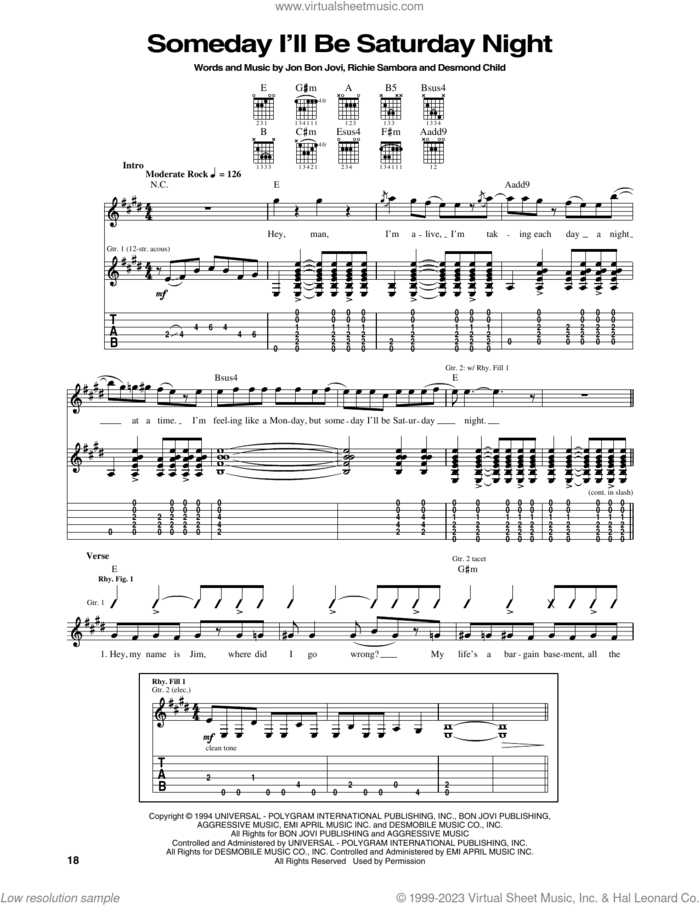 Someday I'll Be Saturday Night sheet music for guitar (tablature) by Bon Jovi, Desmond Child and Richie Sambora, intermediate skill level