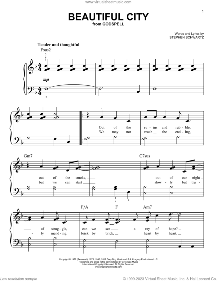 Beautiful City (from Godspell) sheet music for piano solo by Stephen Schwartz, beginner skill level