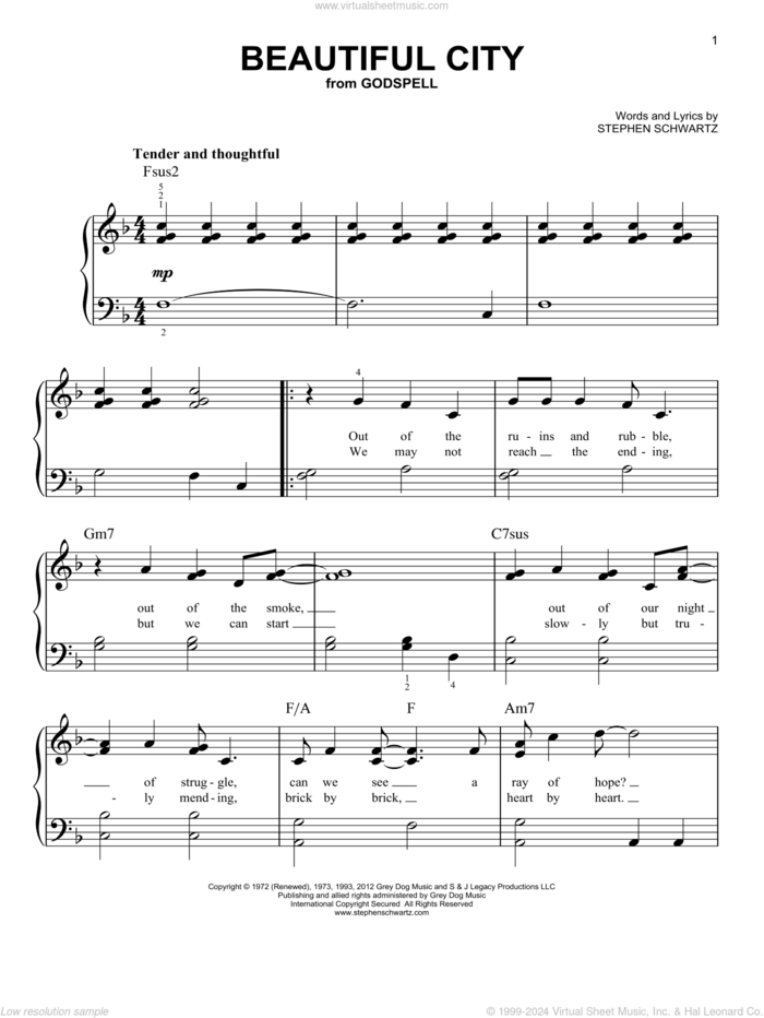 Beautiful City (from Godspell) sheet music for piano solo by Stephen Schwartz, beginner skill level