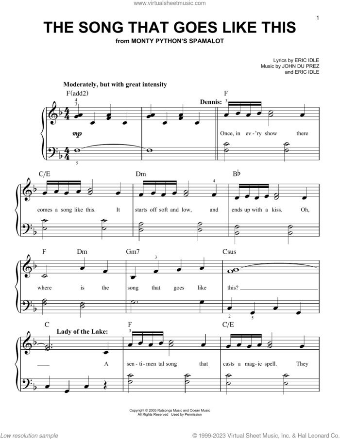 The Song That Goes Like This (from Monty Python's Spamalot) sheet music for piano solo by Eric Idle and John Du Prez, beginner skill level