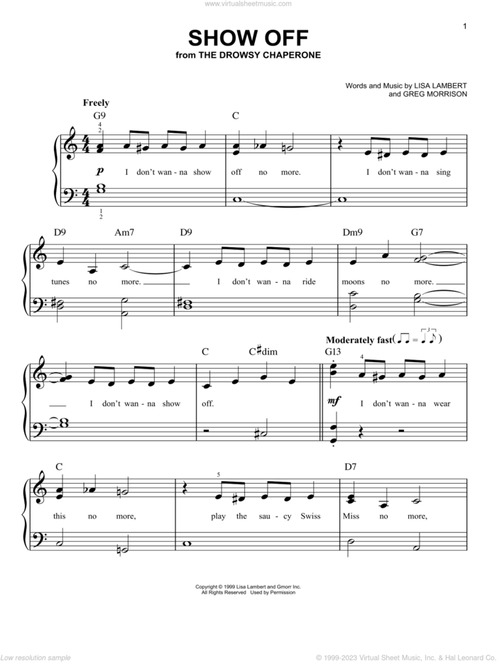 Show Off (from The Drowsy Chaperone) sheet music for piano solo by Greg Morrison and Lisa Lambert, beginner skill level