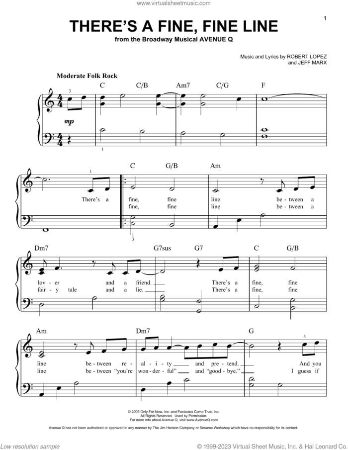 There's A Fine, Fine Line (from Avenue Q) sheet music for piano solo by Robert Lopez, Jeff Marx and Robert Lopez & Jeff Marx, beginner skill level