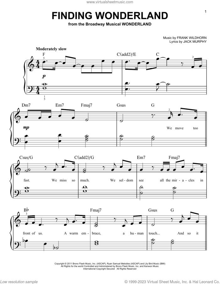 Finding Wonderland (from Wonderland) sheet music for piano solo by Frank Wildhorn and Jack Murphy, beginner skill level