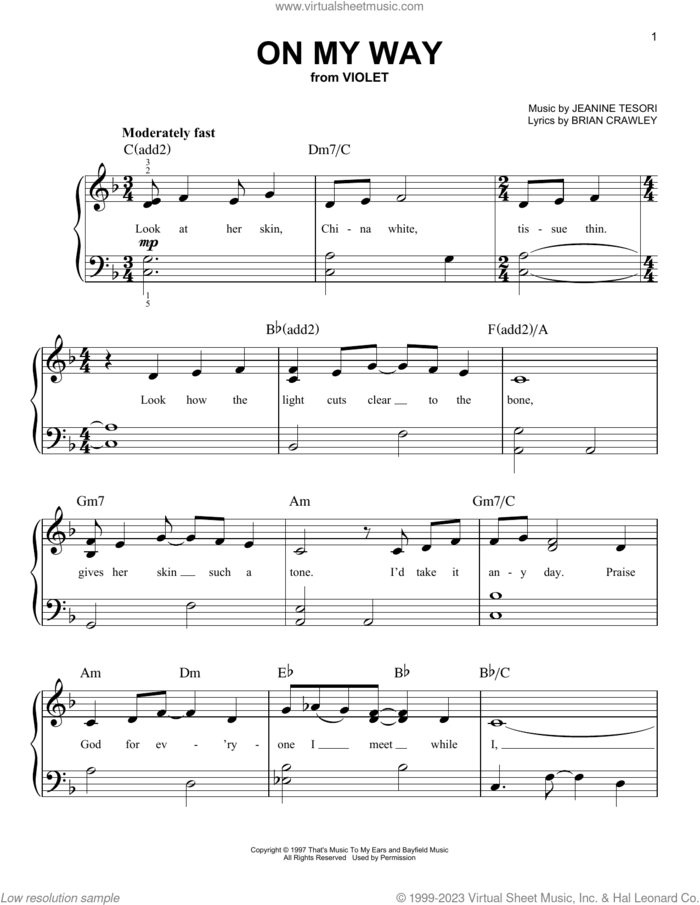 On My Way (from Violet) sheet music for piano solo by Jeanine Tesori and Brian Crawley, beginner skill level