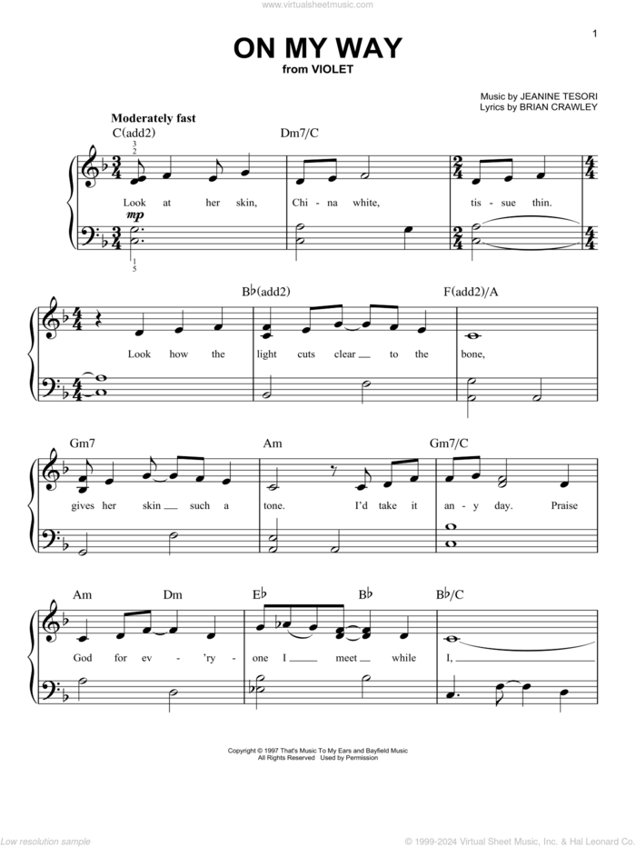 On My Way (from Violet) sheet music for piano solo by Jeanine Tesori and Brian Crawley, beginner skill level