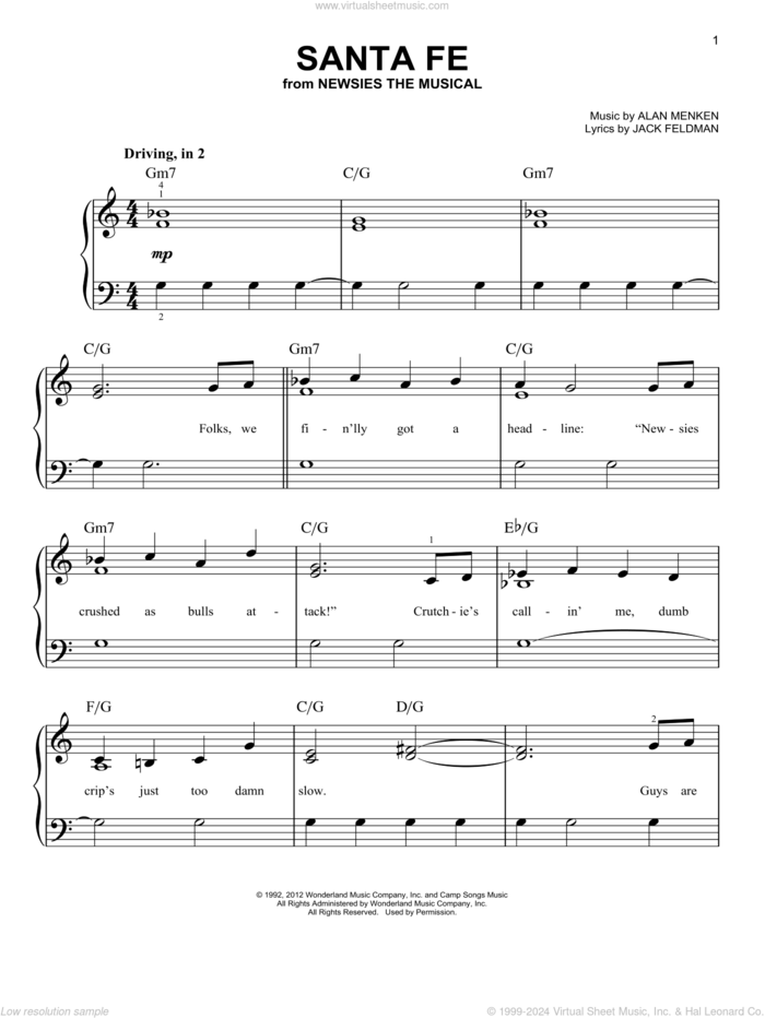 Santa Fe (from Newsies) sheet music for piano solo by Alan Menken and Jack Feldman, beginner skill level