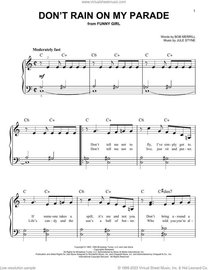 Don't Rain On My Parade (from Funny Girl) sheet music for piano solo by Jule Styne, Bob Merrill and Bob Merrill & Jule Styne, beginner skill level