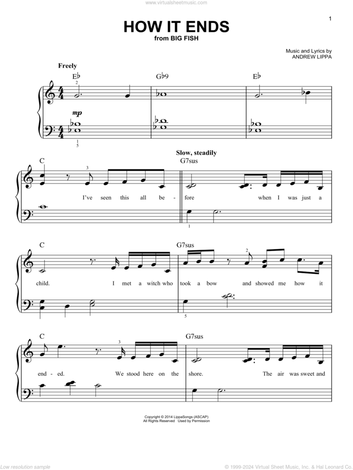 How It Ends (from Big Fish) sheet music for piano solo by Andrew Lippa, beginner skill level