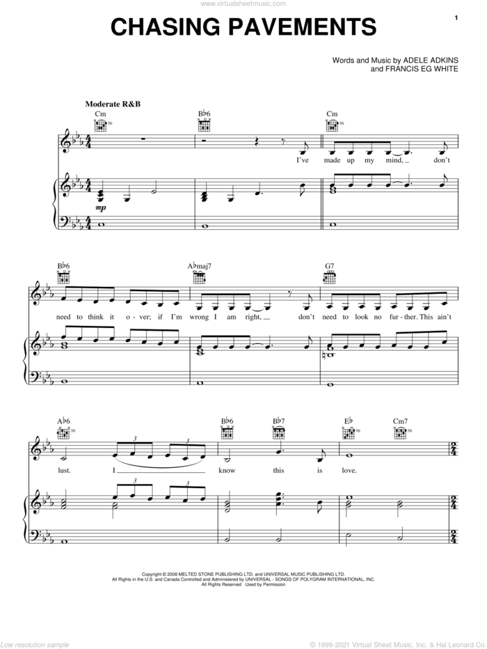 Chasing Pavements sheet music for voice, piano or guitar by Adele, Adele Adkins and Francis White, intermediate skill level
