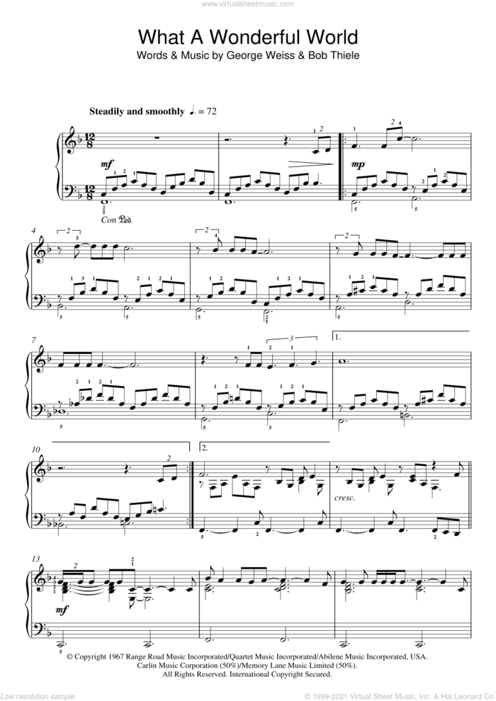 What A Wonderful World sheet music for piano solo by Louis Armstrong, Bob Thiele and George David Weiss, intermediate skill level