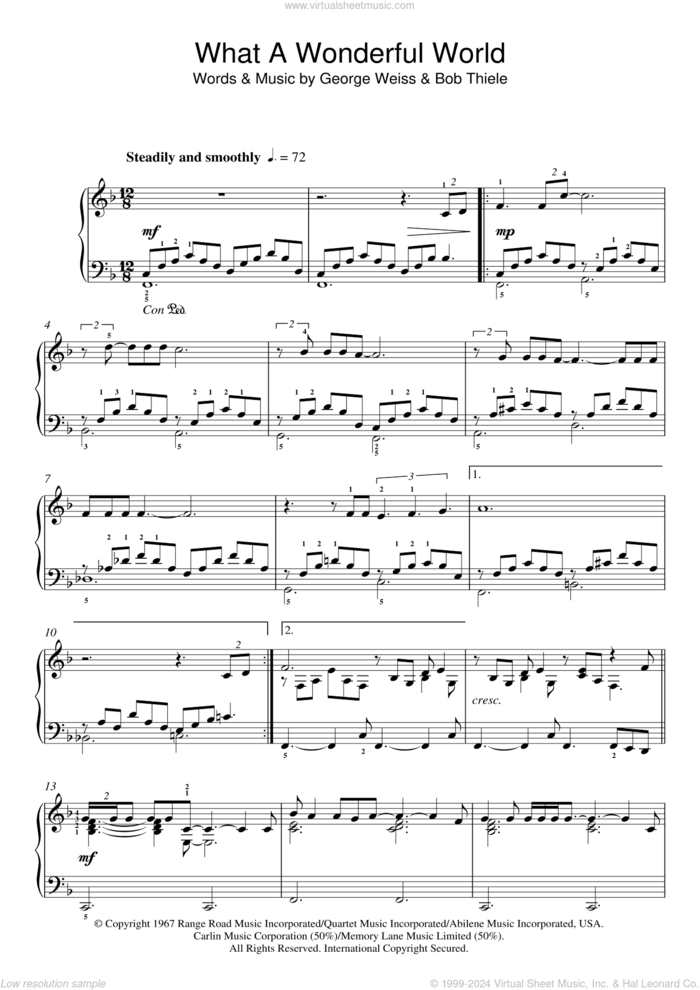 What A Wonderful World sheet music for piano solo by Louis Armstrong, Bob Thiele and George David Weiss, intermediate skill level