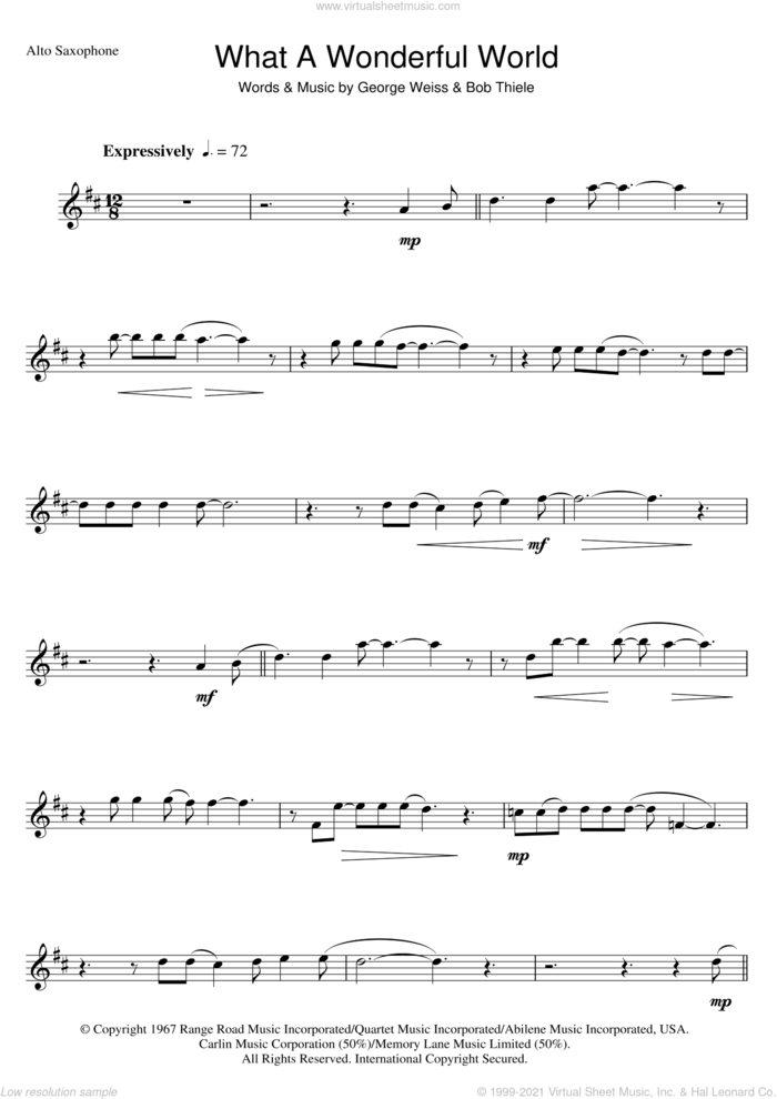 What A Wonderful World sheet music for alto saxophone solo by Louis Armstrong, Bob Thiele and George David Weiss, intermediate skill level