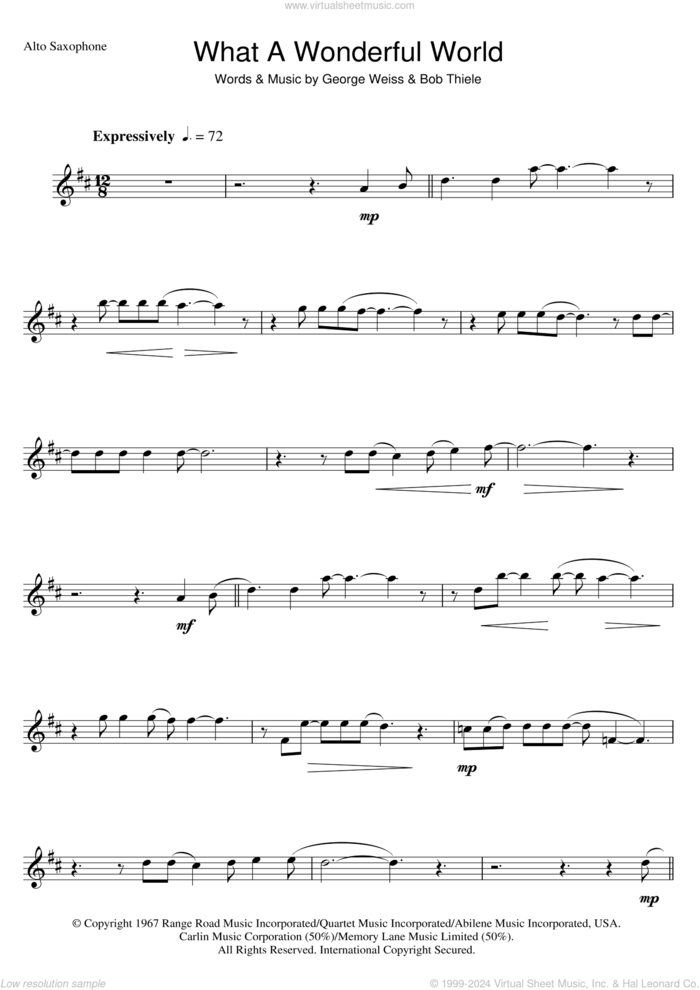 What A Wonderful World sheet music for alto saxophone solo by Louis Armstrong, Bob Thiele and George David Weiss, intermediate skill level