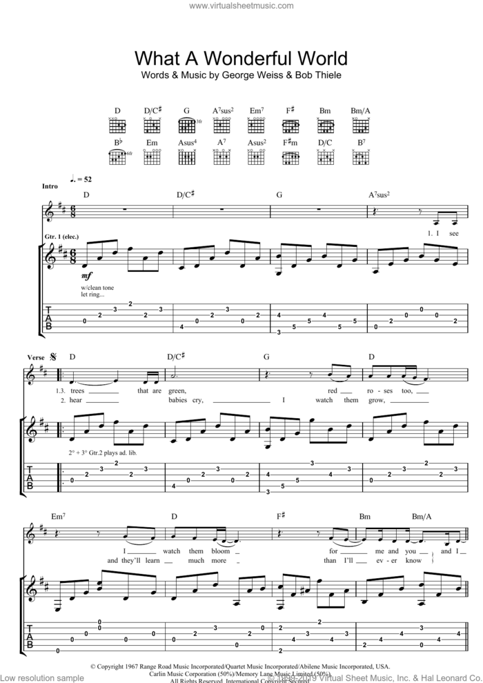 What A Wonderful World sheet music for guitar (tablature) by Eva Cassidy, Bob Thiele and George David Weiss, intermediate skill level