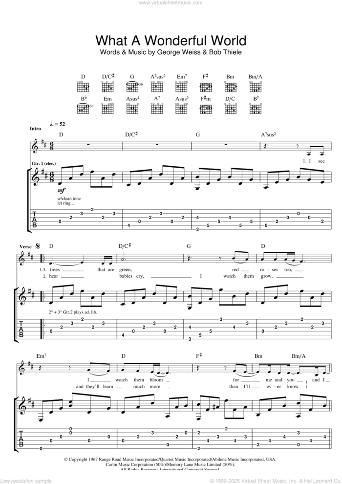 What A Wonderful World sheet music for guitar (tablature) by Eva Cassidy, Bob Thiele and George David Weiss, intermediate skill level