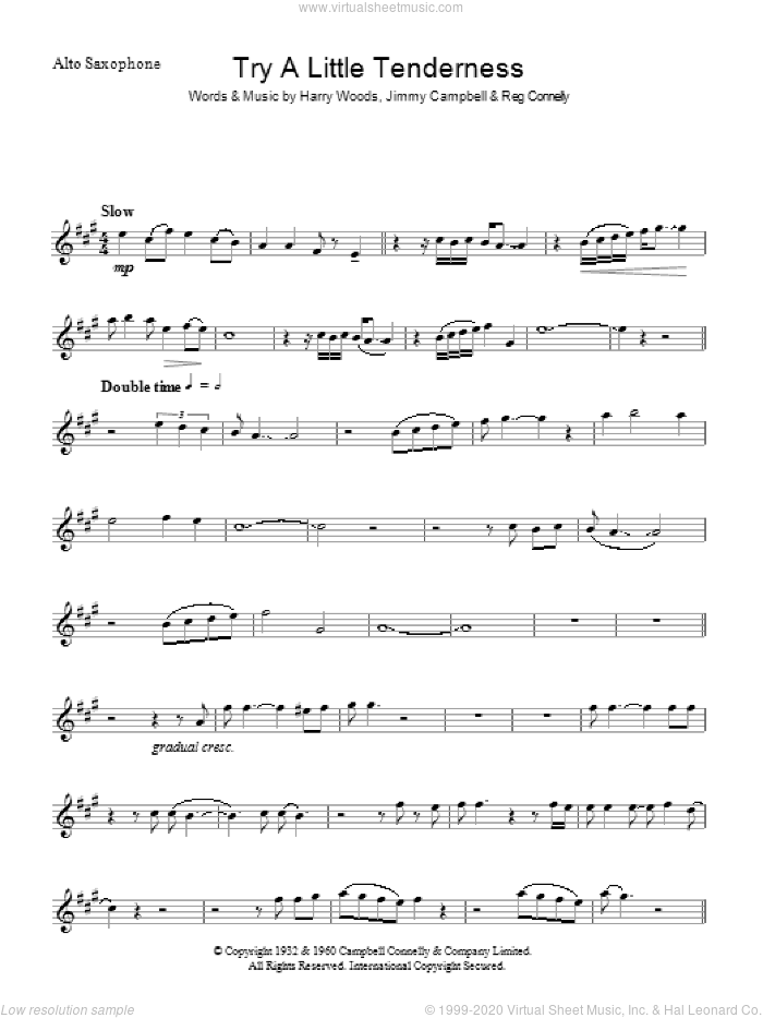 Try A Little Tenderness sheet music for alto saxophone solo by Otis Redding, Harry Woods, Jimmy Campbell and Reg Connelly, intermediate skill level