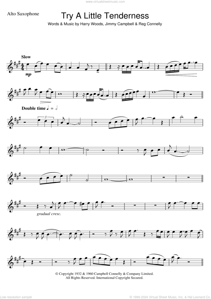 Try A Little Tenderness sheet music for alto saxophone solo by Otis Redding, Harry Woods, Jimmy Campbell and Reg Connelly, intermediate skill level