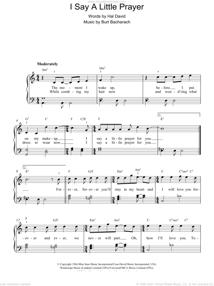 I Say A Little Prayer, (easy) sheet music for piano solo by Bacharach & David, Promises, Promises (Musical), Burt Bacharach and Hal David, easy skill level