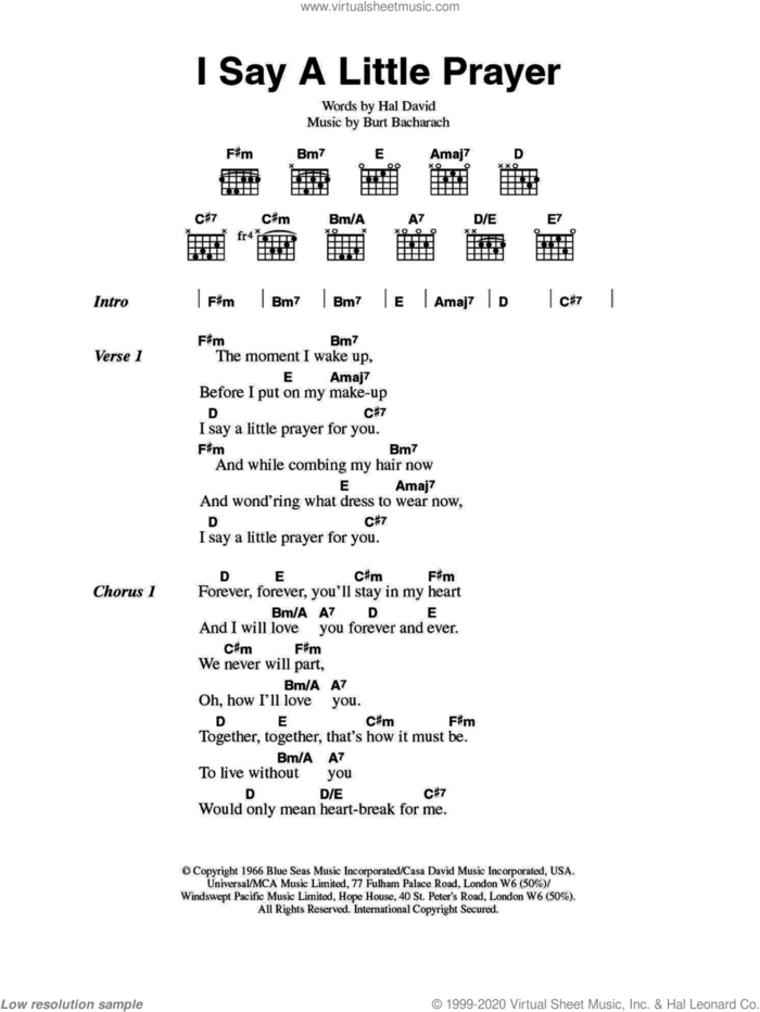I Say A Little Prayer sheet music for guitar (chords) by Bacharach & David, Promises, Promises (Musical), Burt Bacharach and Hal David, intermediate skill level