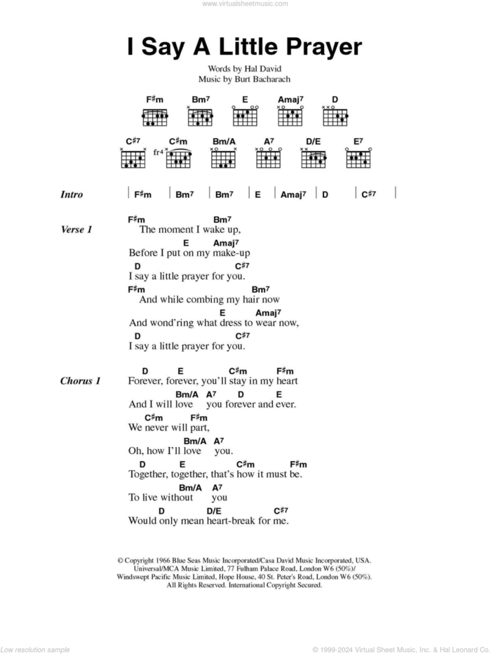 I Say A Little Prayer sheet music for guitar (chords) by Bacharach & David, Promises, Promises (Musical), Burt Bacharach and Hal David, intermediate skill level