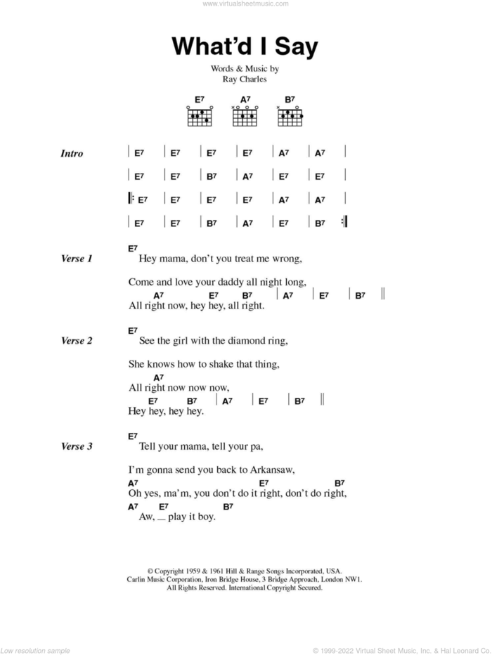 What'd I Say sheet music for guitar (chords) by Ray Charles, intermediate skill level