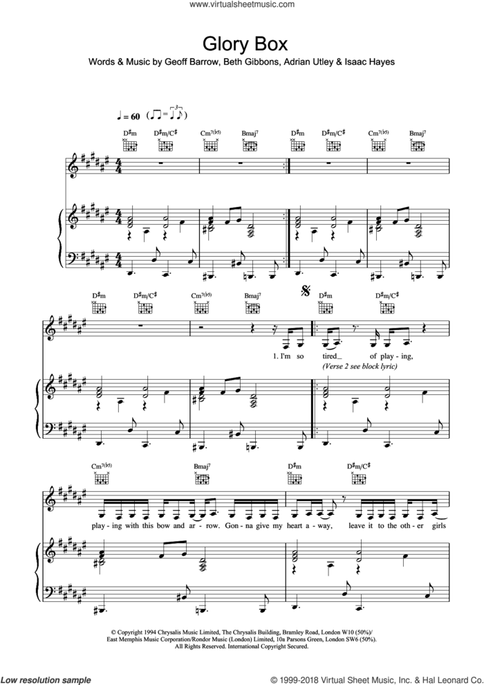 Glory Box sheet music for voice, piano or guitar by Portishead, Adrian Utley, Beth Gibbons and Geoff Barrow, intermediate skill level