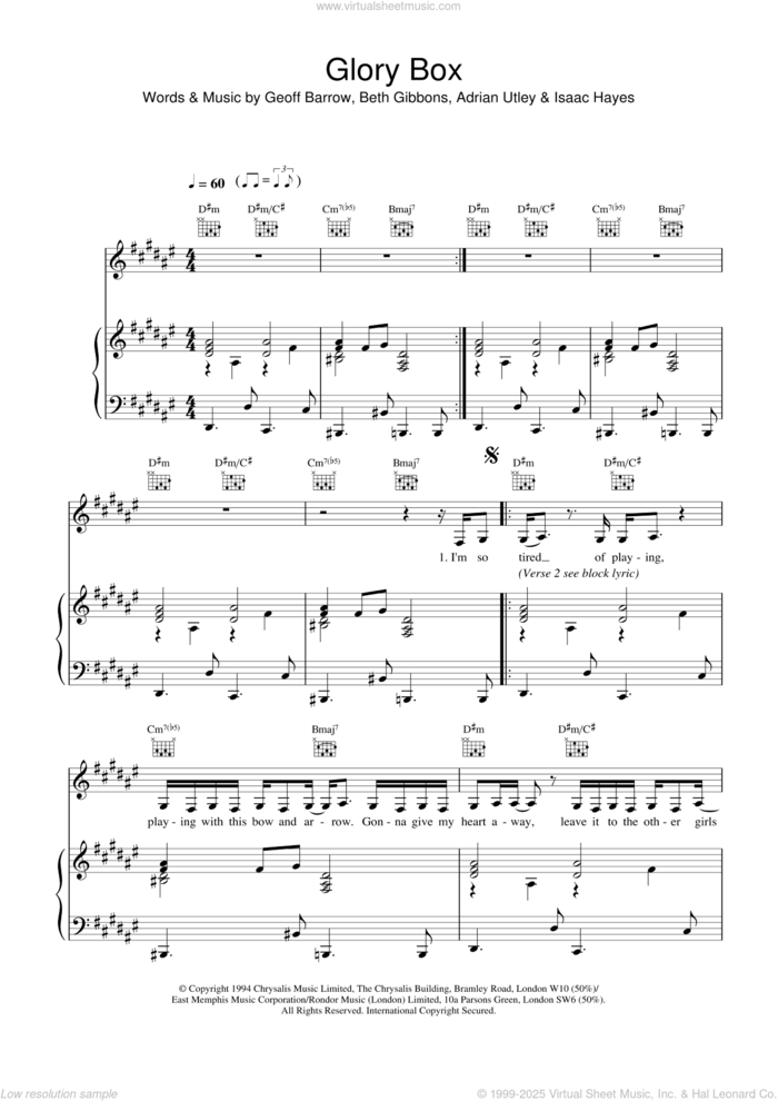 Glory Box sheet music for voice, piano or guitar by Portishead, Adrian Utley, Beth Gibbons and Geoff Barrow, intermediate skill level