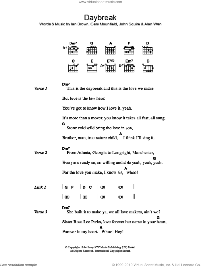 Daybreak sheet music for guitar (chords) by The Stone Roses, Alan Wren, Gary Mounfield, Ian Brown and John Squire, intermediate skill level