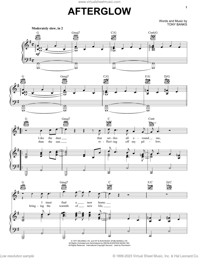 Afterglow sheet music for voice, piano or guitar by Genesis and Tony Banks, intermediate skill level