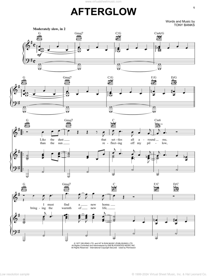 Afterglow sheet music for voice, piano or guitar by Genesis and Tony Banks, intermediate skill level