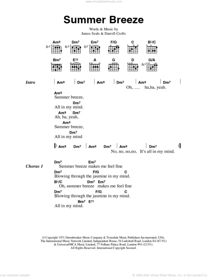 Summer Breeze sheet music for guitar (chords) by The Isley Brothers, Darrell Crofts and James Seals, intermediate skill level