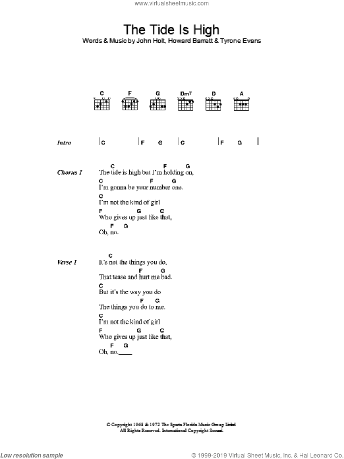 The Tide Is High sheet music for guitar (chords) by The Paragons, Howard Barrett, John Holt and Tyrone Evans, intermediate skill level