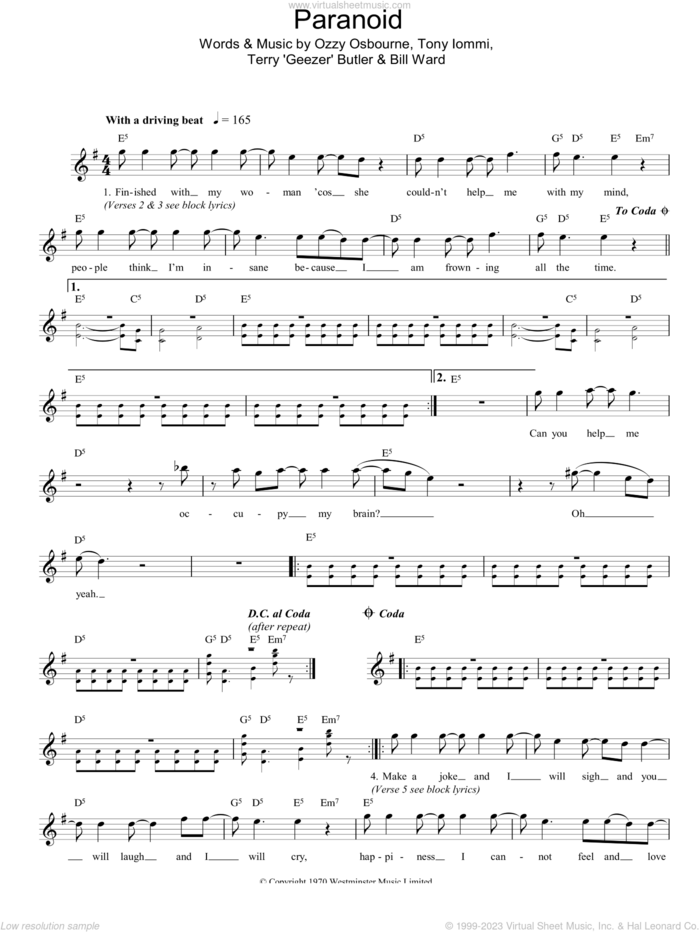 Paranoid sheet music for voice and other instruments (fake book) by Black Sabbath, Bill Ward, Ozzy Osbourne and Tony Iommi, intermediate skill level
