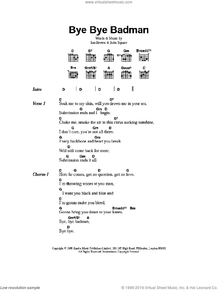 Bye Bye Badman sheet music for guitar (chords) by The Stone Roses, Ian Brown and John Squire, intermediate skill level